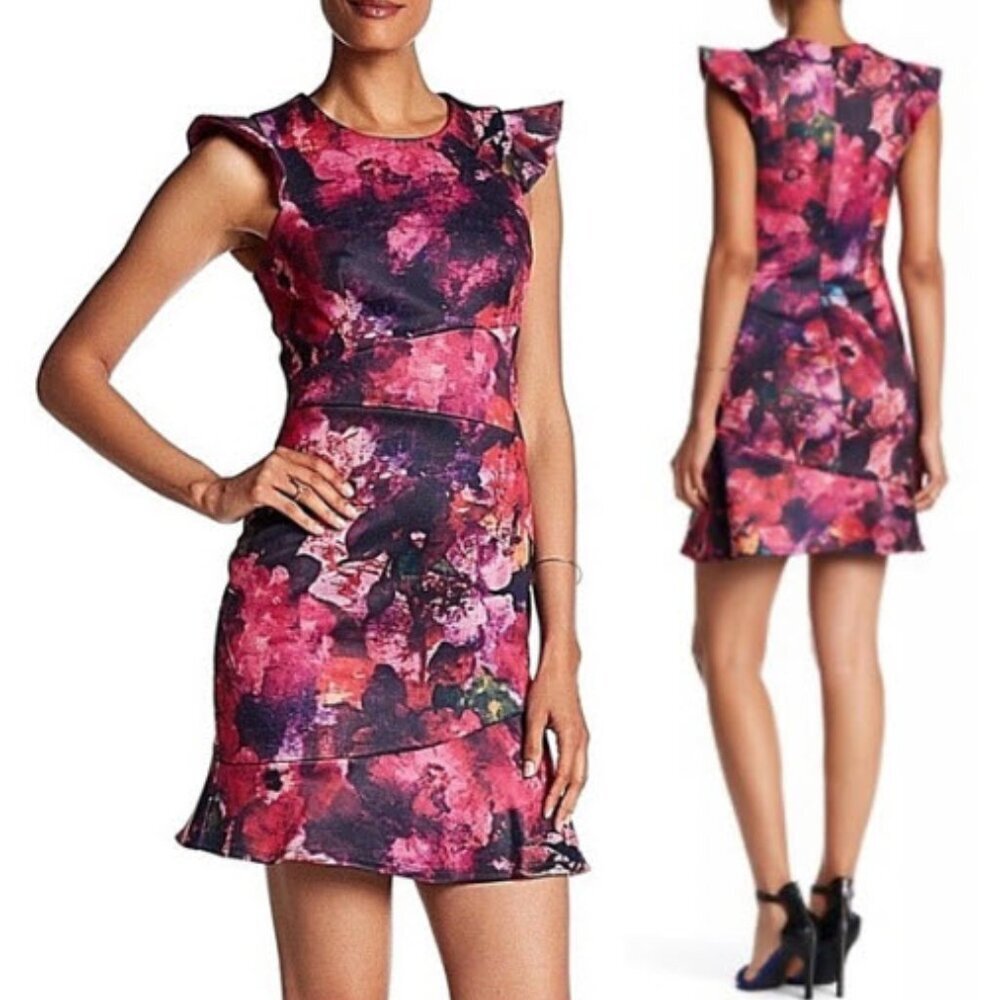 ABS Allen Schwartz Floral Ruffle Mini Dress Size 4 Pink Black Night Out Chic